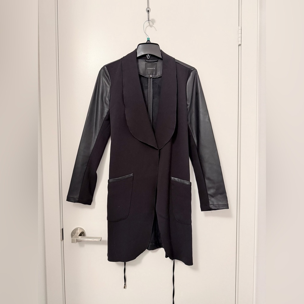 Dynamite Black Long Blazer with Faux Leather Sleeves